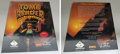 Tomb Raider Collectible Card Game trapezoid-shaped box shown in front and back views