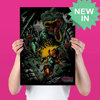 Product shot of a person holding a copy of the Valley Assault poster from Hunger Club. Artwork features classic-era Lara Croft firing one of her dual pistols as she runs from a huge T. rex