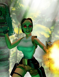 Lara arrives on the gaming scene, Uzis  blazing, in Tomb Raider 1.