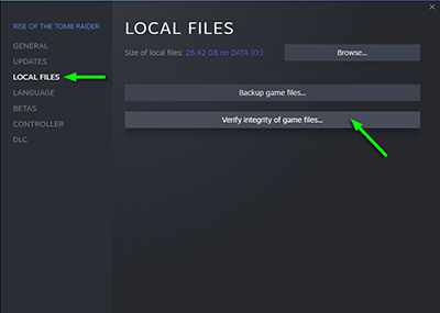 Verify integrity of game files in the Steam Library