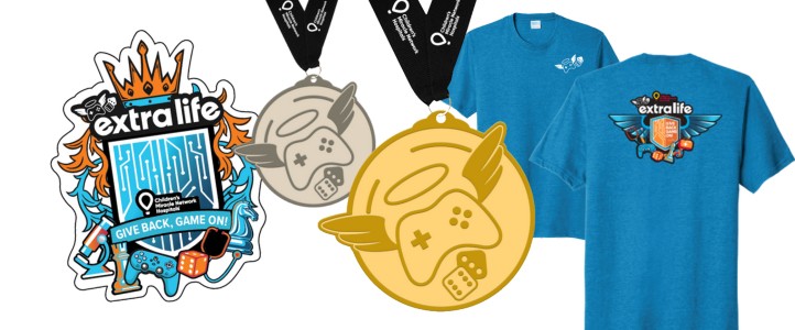 2025 Extra Life platinum swag for players includes sticker, blue t-shirt with Extra Life illustration, silver, and gold medals