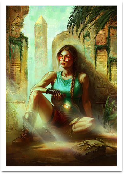 A New Adventure print by Inna Vjuzhanina features classic Lara Croft taking a break from adventuring amids Egyptian ruins