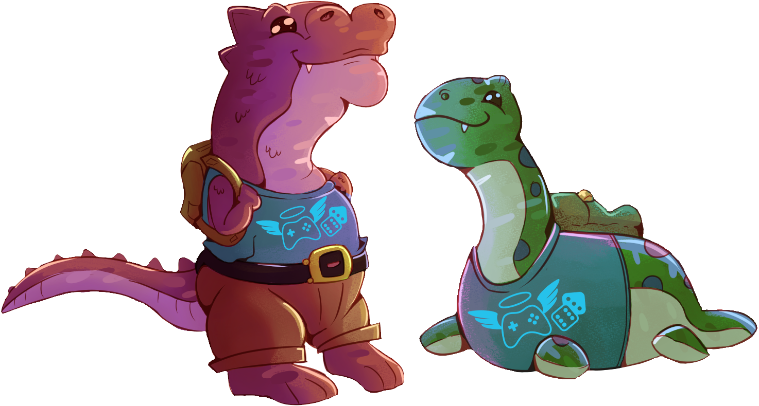 Toon dino and toon Nessie wearing Extra Life T-shirts. Illustrations by NondescriptMidnight.