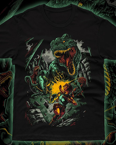 Product shot of the Valley Assault T-shirt from Hunger Club. Artwork features classic-era Lara Croft firing one of her dual pistols as she runs from a huge T. rex