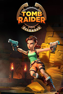 Tomb Raider Reloaded promotional art features a stylized Lara Croft aiming dual pistols