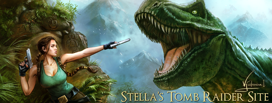 Stella's Tomb Raider Site title. Classic Lara Croft confronting a snarling Tyrannosaurus rex. Art by Inna Vjuzhanina.