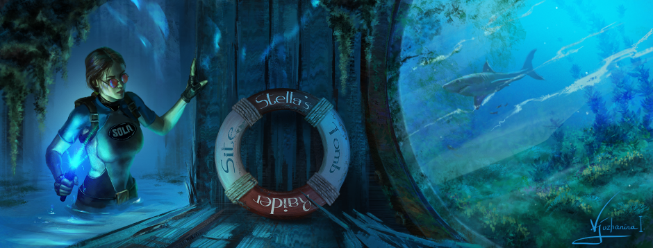 Stella's Tomb Raider Site title. Classic Lara Croft in Sola wetsuit holding a flare, gazing out over an underwater vista. Art by Inna Vjuzhanina.