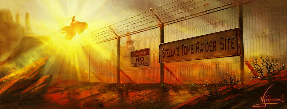 Stella's Tomb Raider Site title. Classic Lara Croft jumping a quad bike over a high security fence, backlit by the setting sun. Art by Inna Vjuzhanina.
