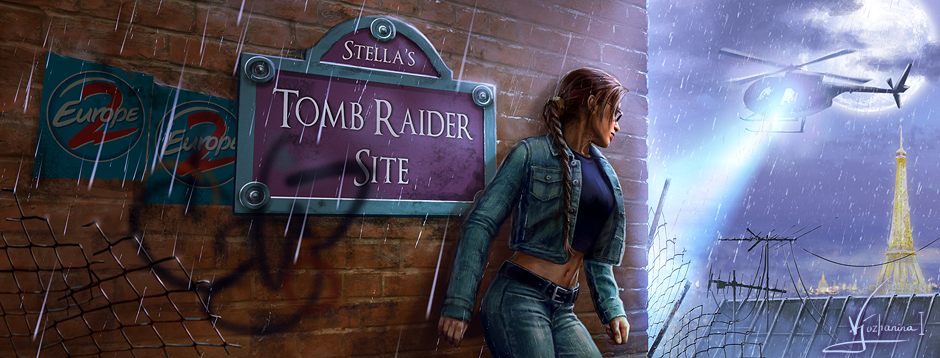 Stella's Tomb Raider Site title. Classic Lara Croft in jeans and denim jacket hiding in an alley from a hovering helicopter. Art by Inna Vjuzhanina.
