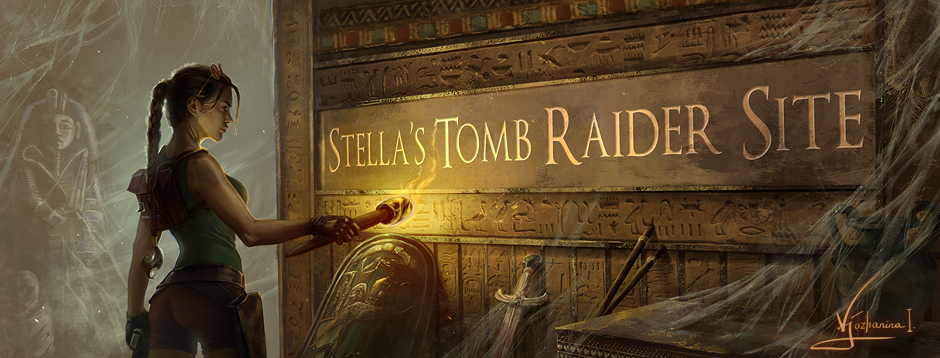 Stella's Tomb Raider Site title. Classic Lara Croft reading a hieroglyphic inscription by torchlight. Art by Inna Vjuzhanina.