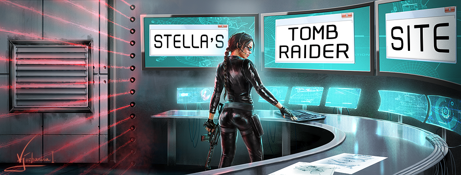 Stella's Tomb Raider Site title. Classic Lara Croft in black catsuit standing before a bank of high-tech computer screens. Art by Inna Vjuzhanina.