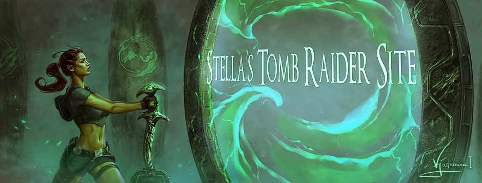Stella's Tomb Raider Site title. Lara Croft wearing brown shorts and cropped top holding Excalibur before a glowing green ring-shaped portal. Art by Inna Vjuzhanina.