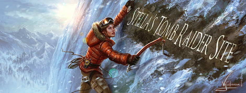Stella's Tomb Raider Site title. Survivor-era Lara Croft wearing a red winter jacket and climbing gear scaling an icy cliff. Art by Inna Vjuzhanina.