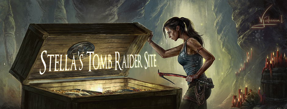Stella's Tomb Raider Site title. Survivor-era Lara Croft with torn tank top and climbing axe peering into a large chest filled with glowing treasure. Art by Inna Vjuzhanina.