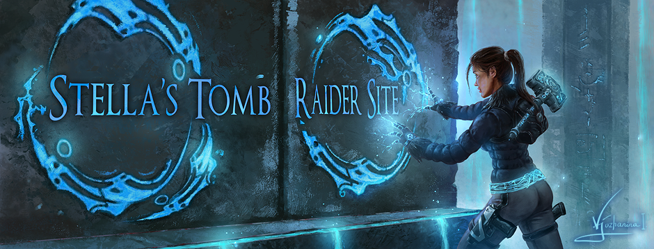 Stella's Tomb Raider Site title. Lara Croft wearing Thor's belt and gauntlets with a winter jacket, pushing a heavy stone wall with glowing blue glyphs. Art by Inna Vjuzhanina.