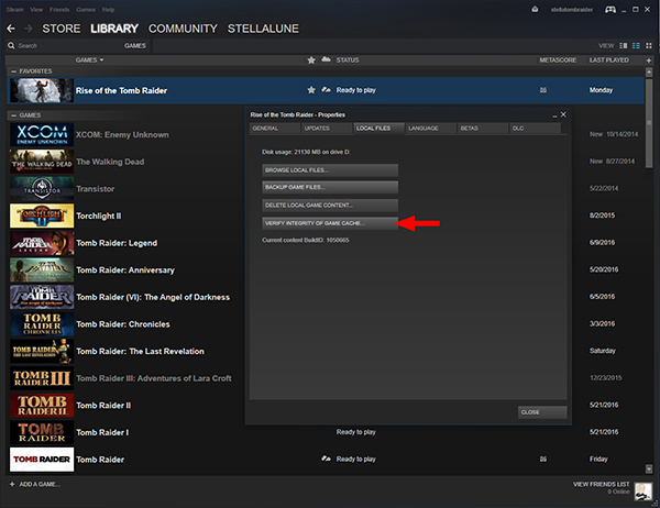 Verify integrity of game cache in the Steam Library