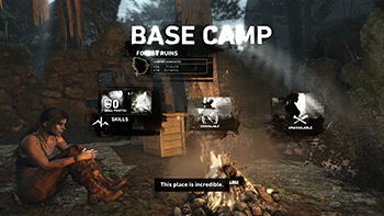 Lara makes a journal entry when she visits a base camp